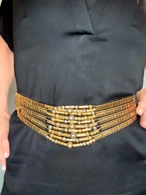 Vintage Avignon Spain Multi Strand Gold Statement Belt Black Leather S